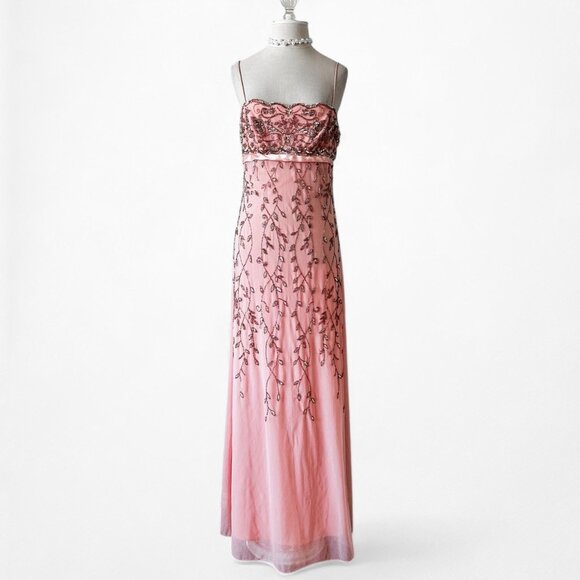 Vintage Pink Knit Bodycon Floral Beaded Mesh Maxi Prom Dress Size M/L - Picture 4 of 10